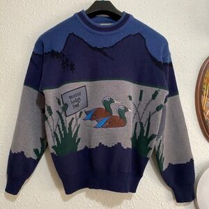 Vtg Big Bear Trading Co Mens M Crewneck Sweater Mallard Ducks Moose Lodge Scene